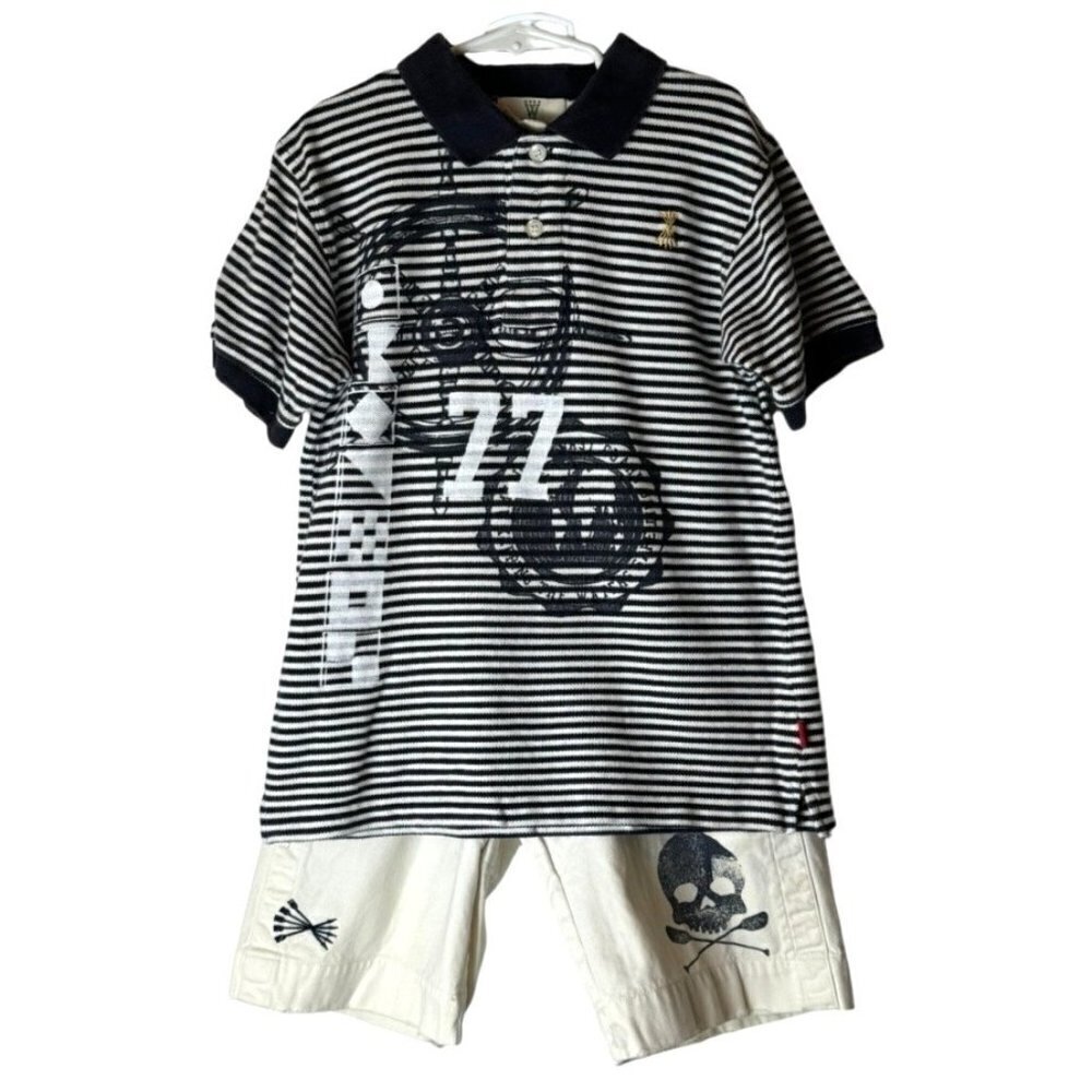 Wes And Willy Ivory And Blue Striped Nautical Pirate Polo Shirt Short Set Size 6